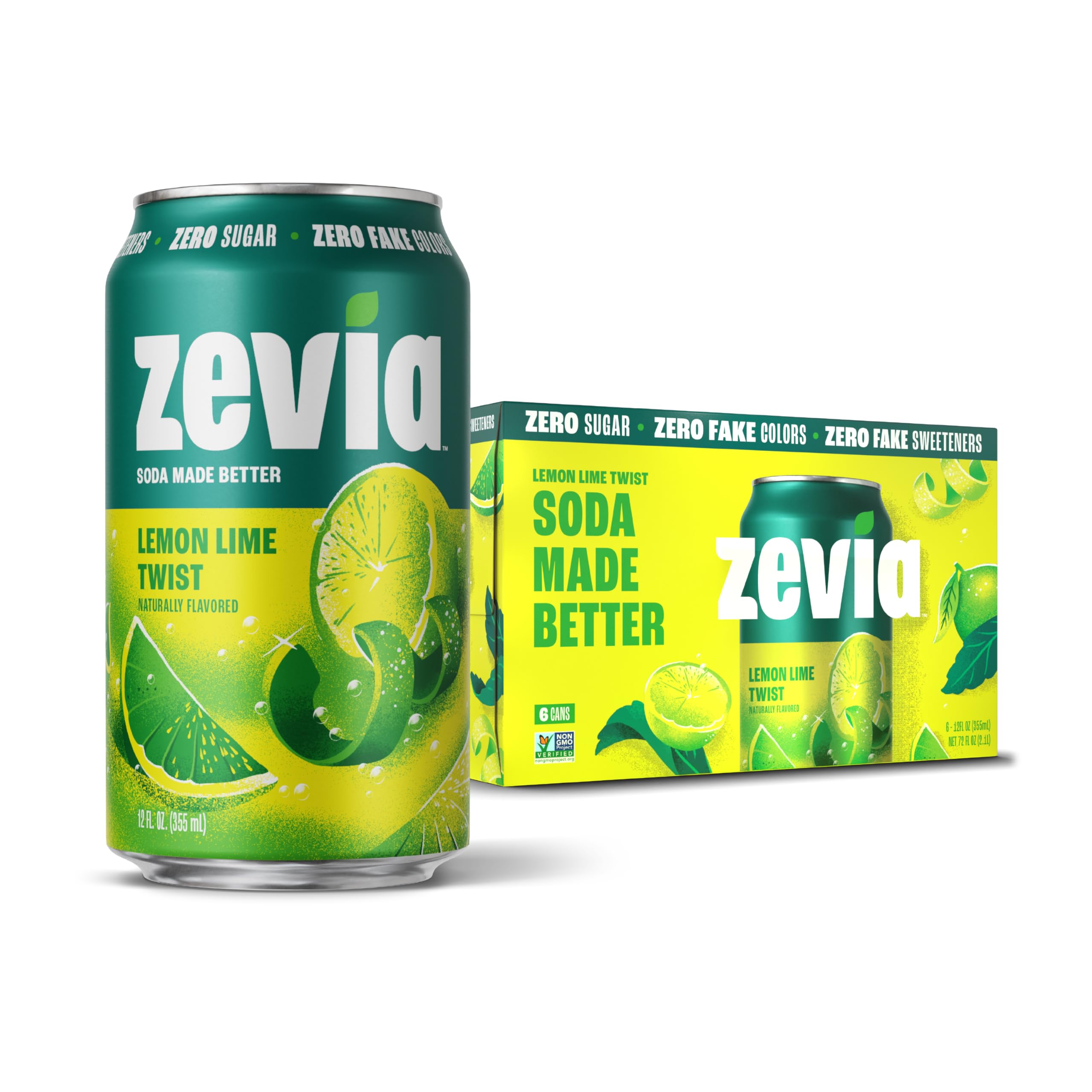 Zevia Lemon Lime Twist can close-up showing crisp citrus flavor without sugar.