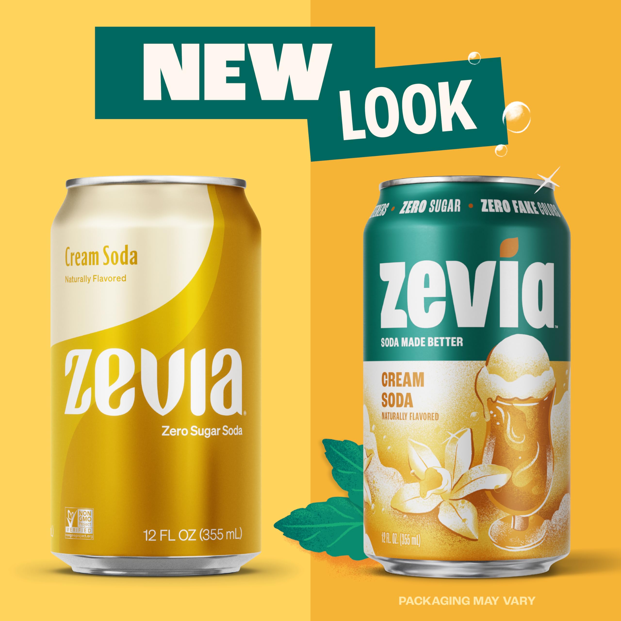 Non-GMO verified Zevia bottle illustration with clean ingredients.