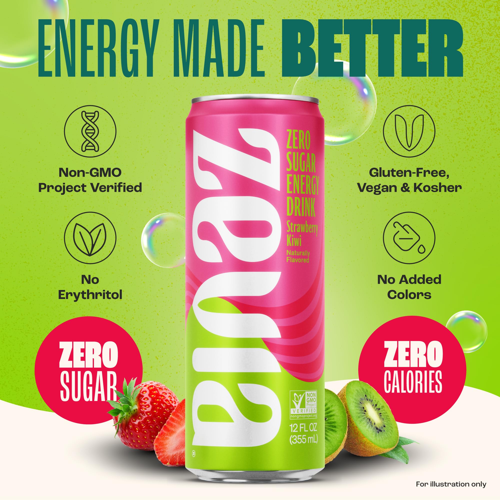 Zevia non-GMO verified energy can for transparent ingredients.