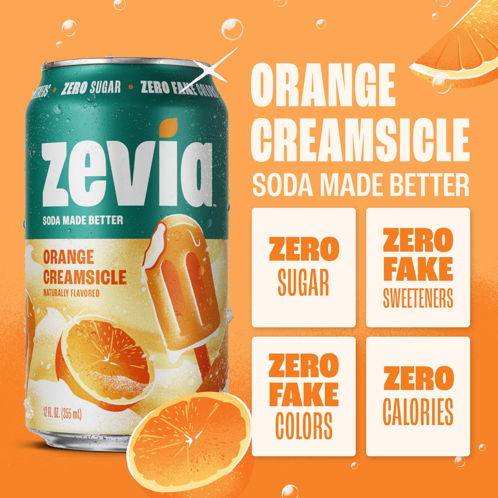 Close-up of Zevia Orange Creamsicle bubbles highlighting clear, dye-free formula.