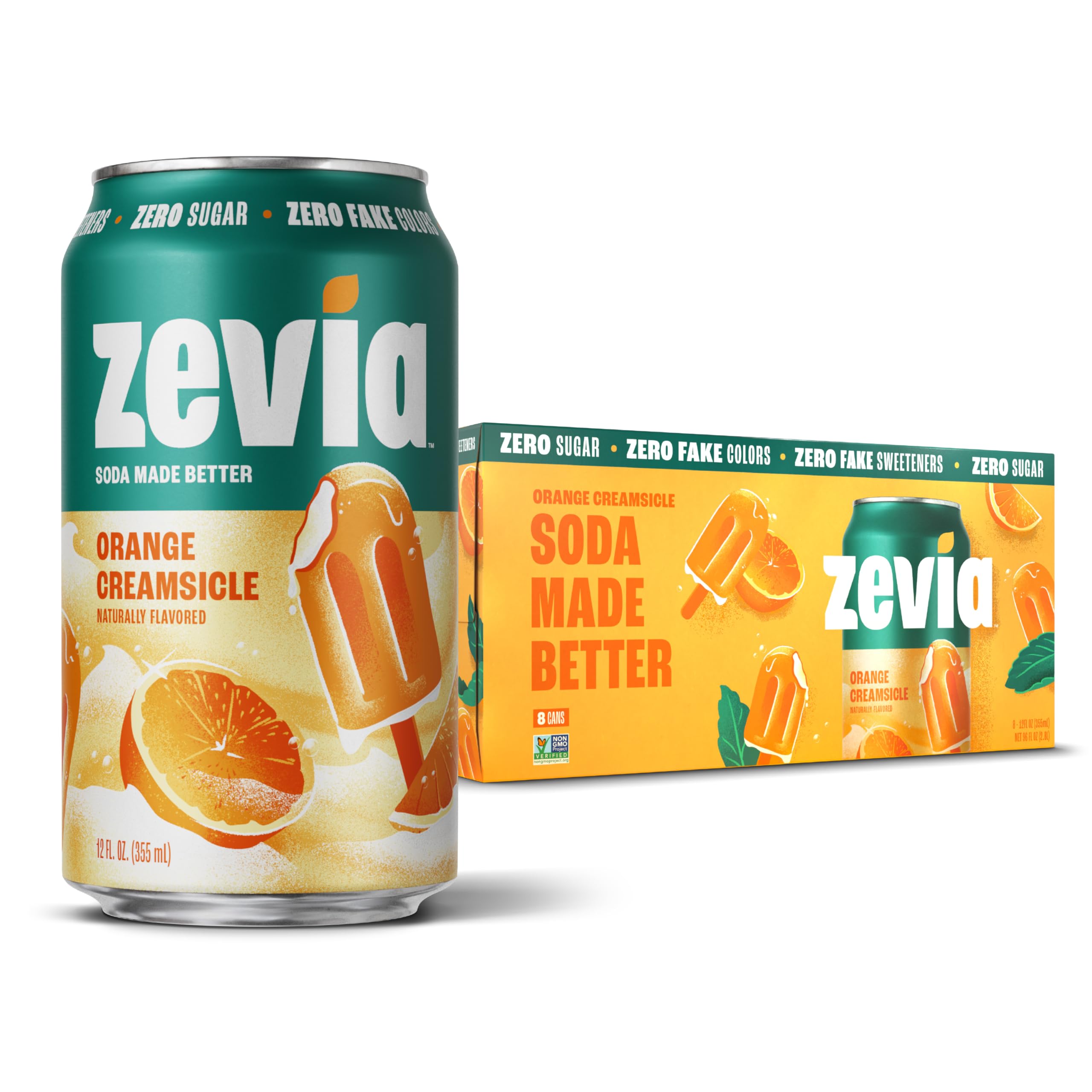 Zevia Orange Creamsicle can side view showing zero sugar.