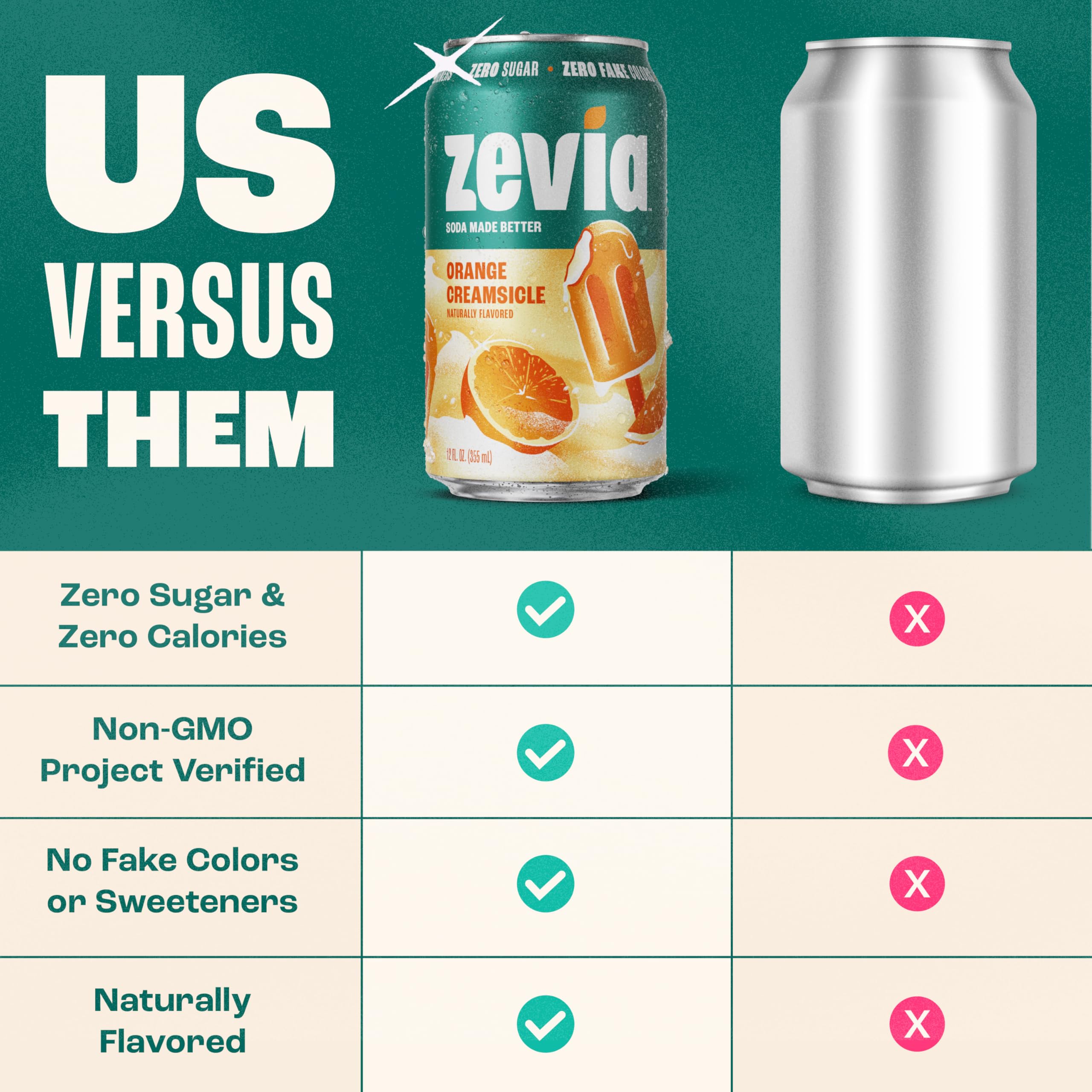 Zevia Orange Creamsicle can with label in bright setting, gluten-free and vegan.