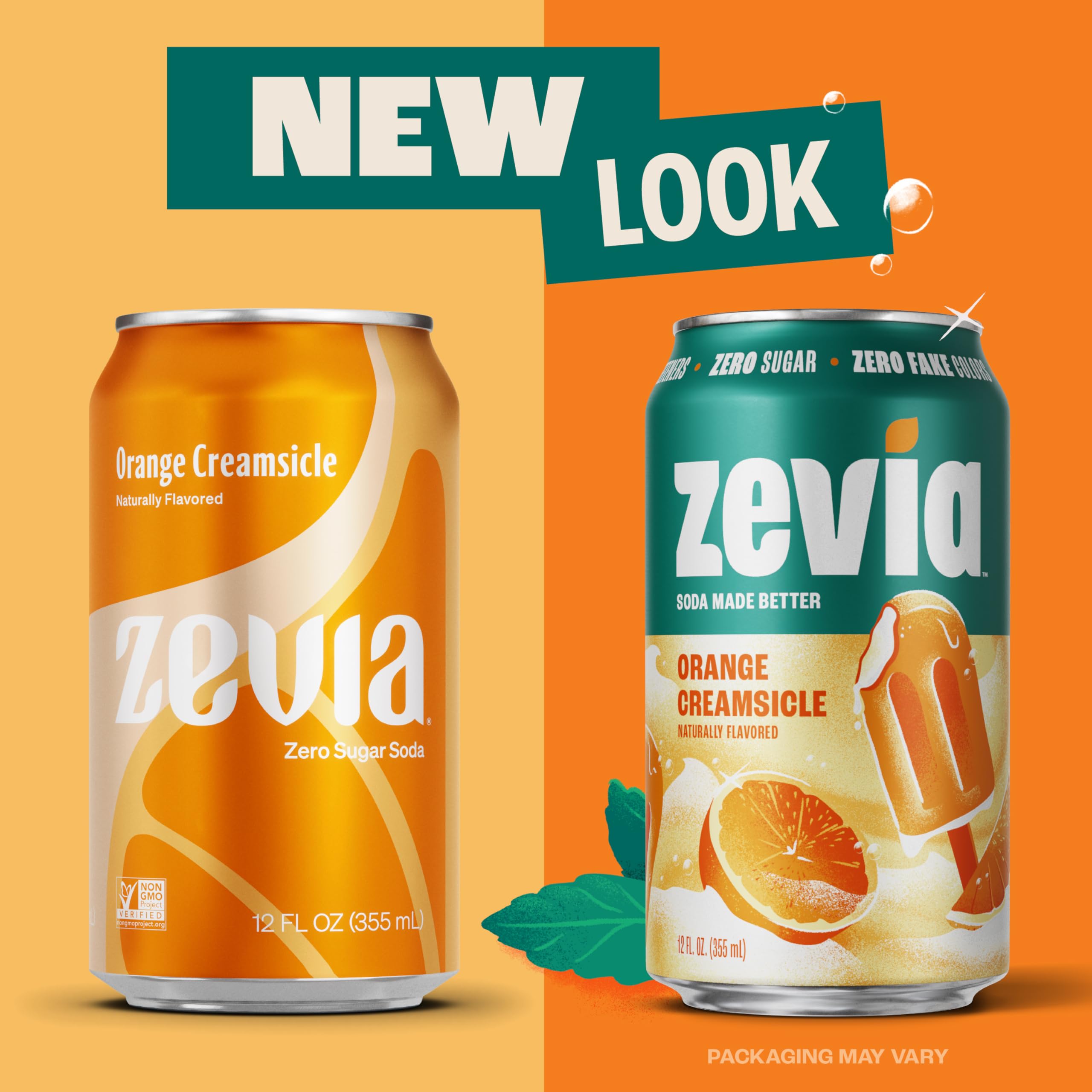 Eight-pack Zevia display emphasizing Non-GMO and vegan attributes.
