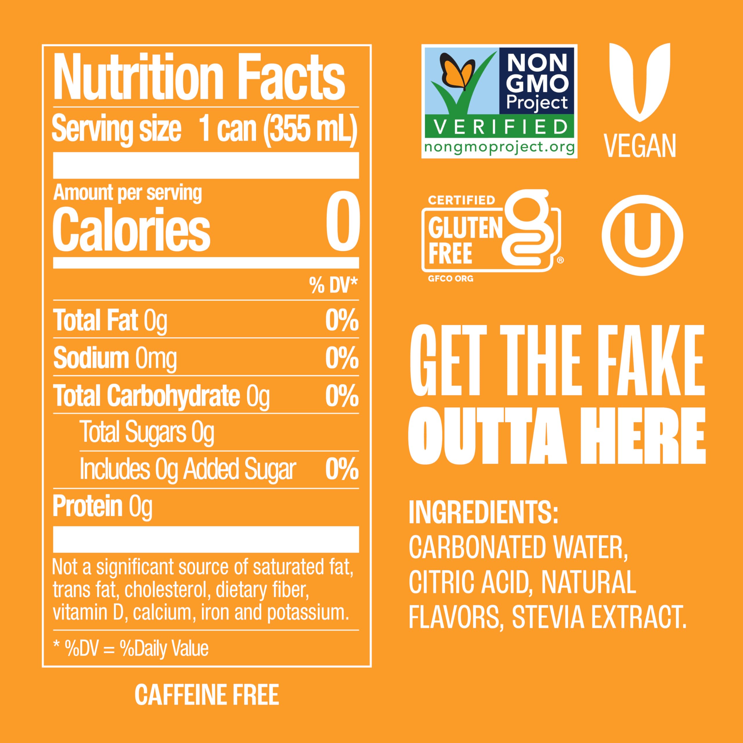 Zevia Orange Soda can back highlights Non-GMO, Vegan, and gluten-free attributes.