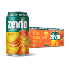 Zevia Orange Soda can front shows zero sugar and natural sweetness.