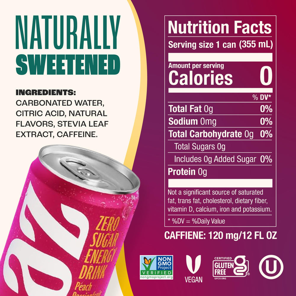 Zevia Peach Passionfruit can back panel highlighting non-GMO verification.