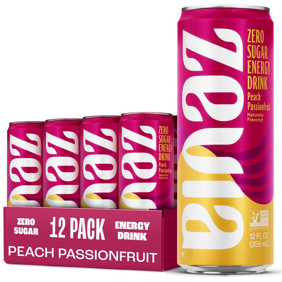 Zevia Peach Passionfruit can front view showing zero sugar and refreshing flavor.