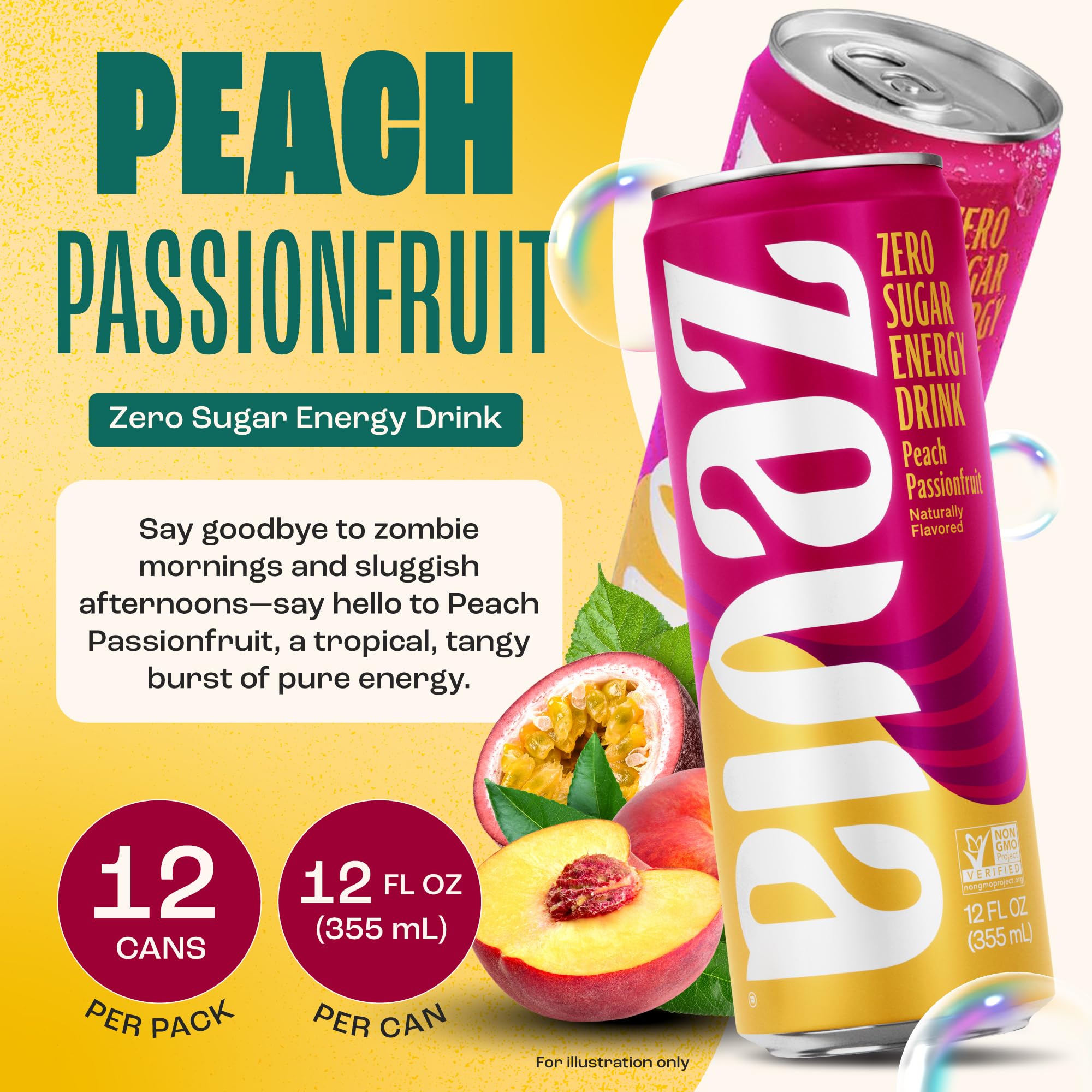 Zevia Peach Passionfruit splash shot with tropical aroma and caffeine boost.