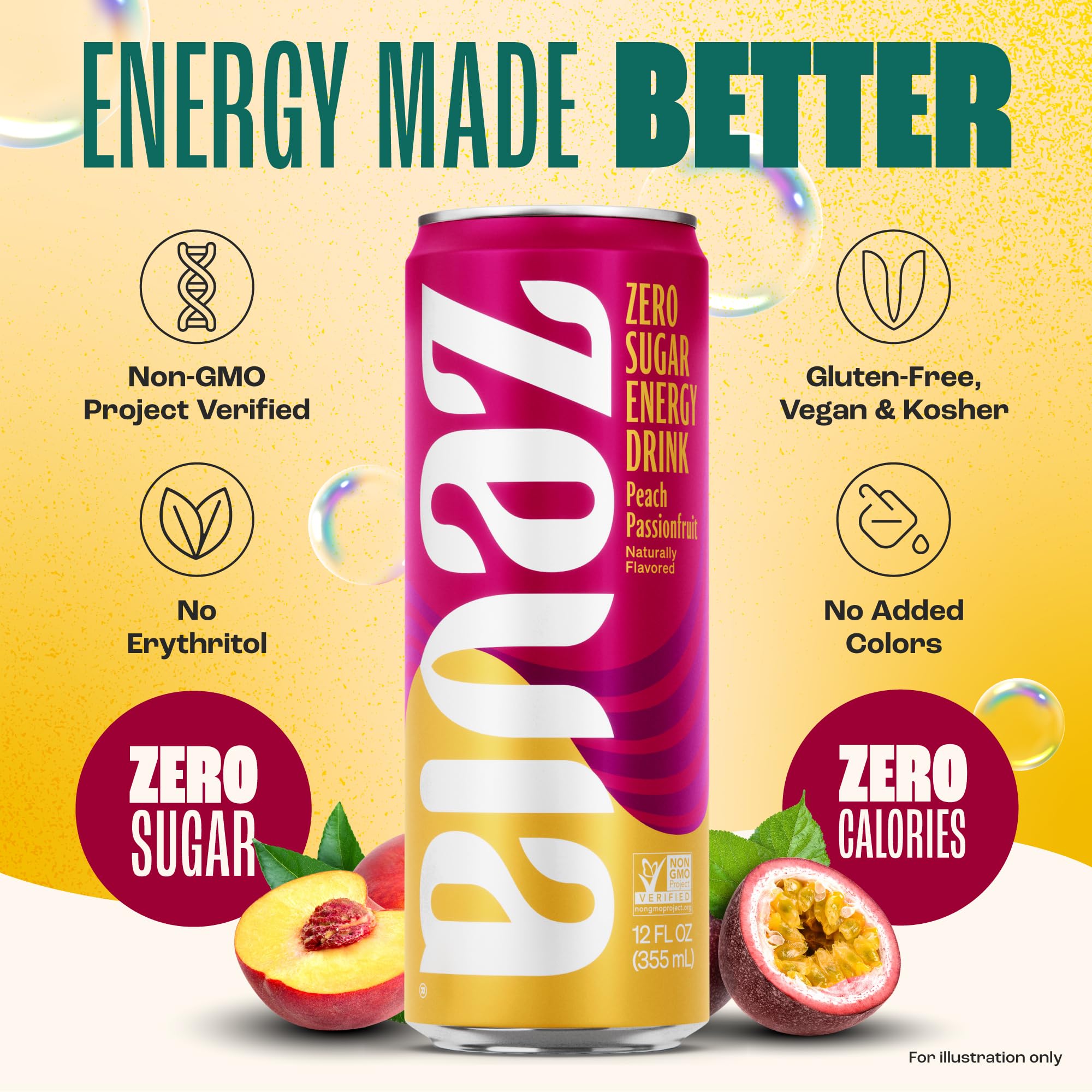 Zevia Peach Passionfruit ingredients panel showcasing vegan and gluten-free attributes.