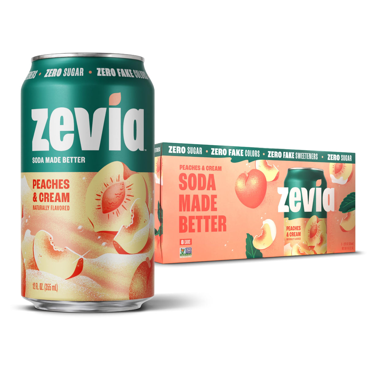 Zevia Peaches and Cream can portrait showing zero sugar and clean ingredients.