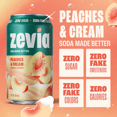 Zevia Peaches and Cream label close-up featuring gluten-free and vegan icons.