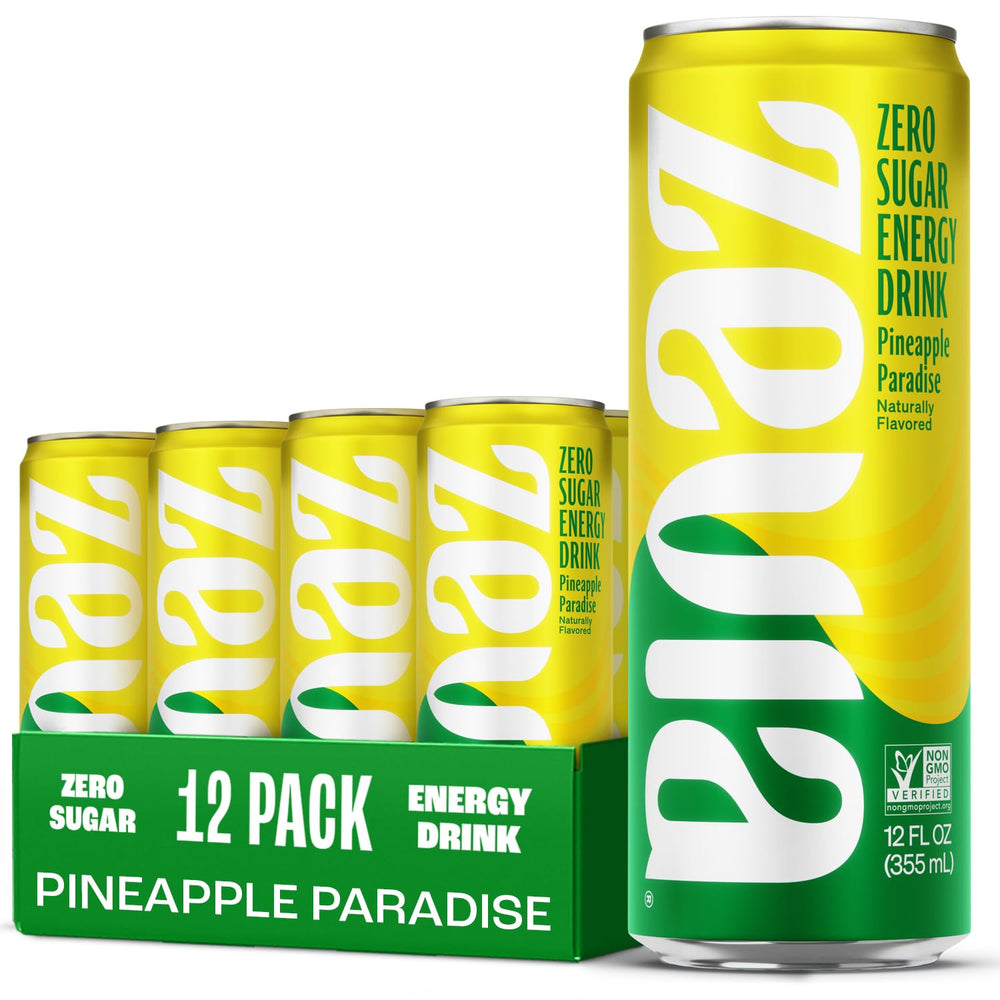 Zevia Pineapple Paradise can front view highlights zero sugar and natural stevia sweetness.