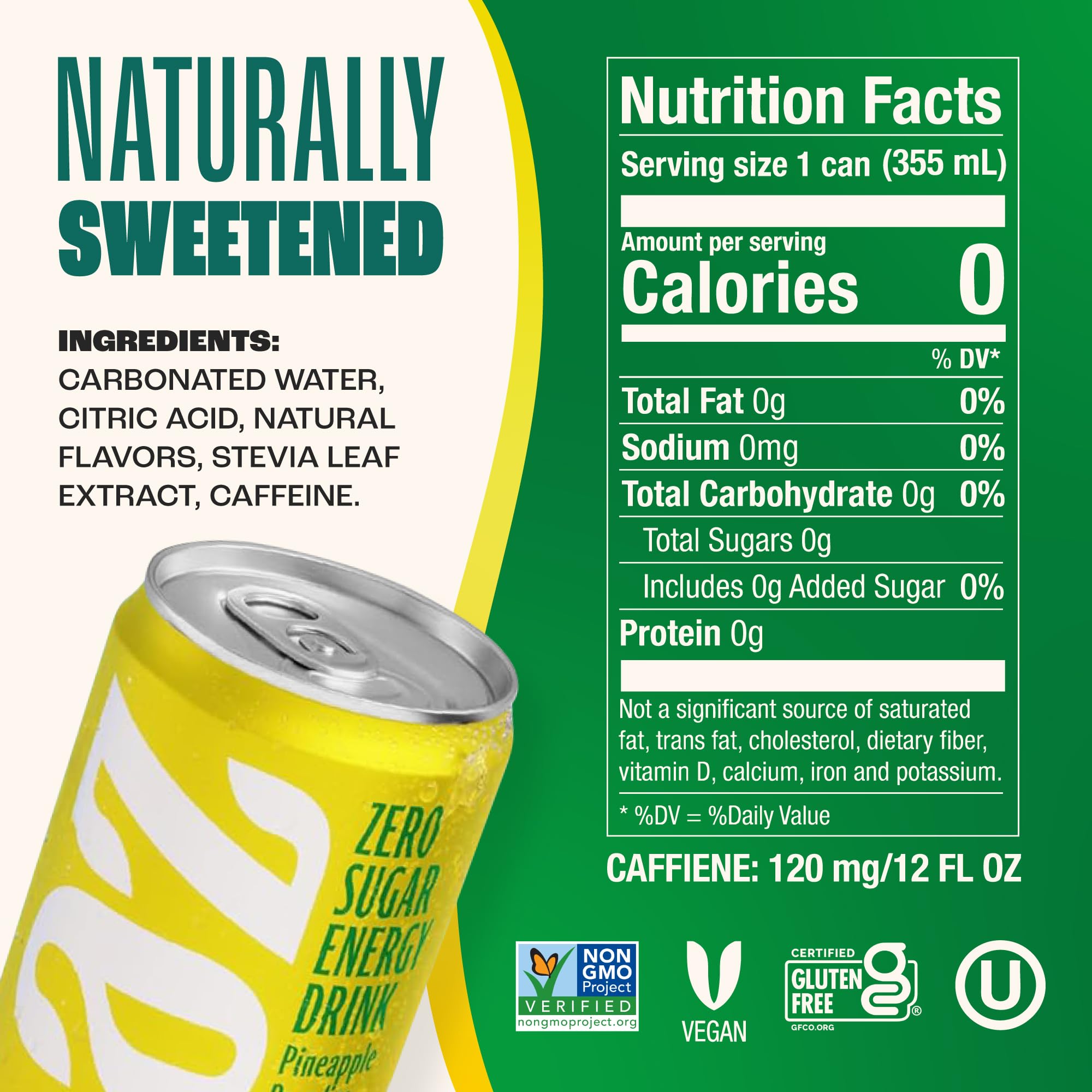 Zevia Pineapple Paradise can side label emphasizes Non-GMO and vegan formulation.