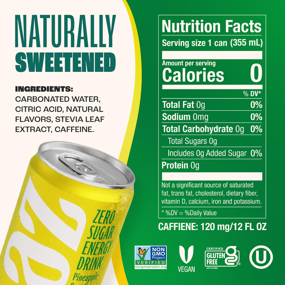 Zevia Pineapple Paradise can side label emphasizes Non-GMO and vegan formulation.
