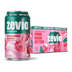 Zevia Strawberries and Cream can front, zero sugar option for family-friendly refreshment.