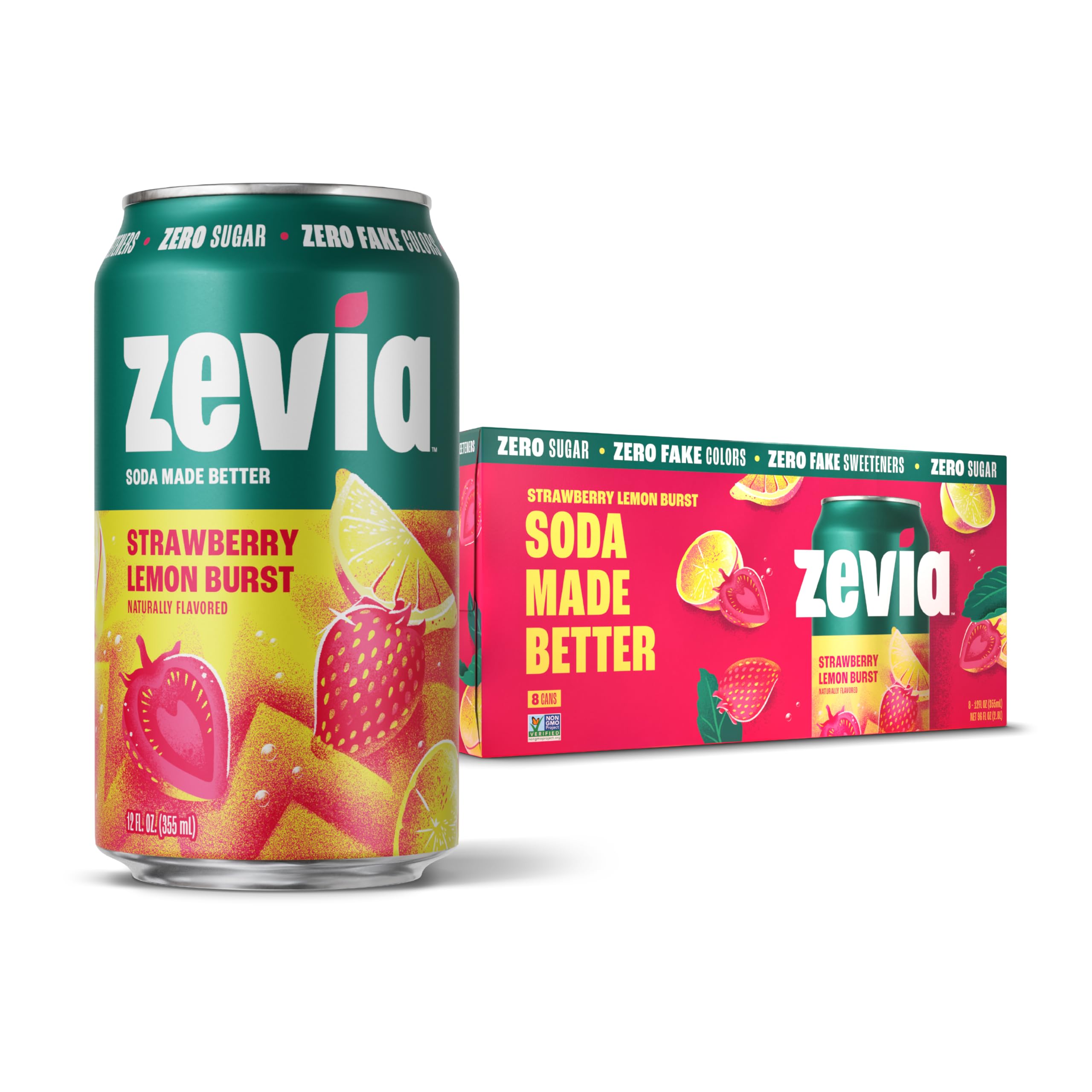 Zevia Strawberry Lemon Burst 12 oz can front view, naturally sweetened soda