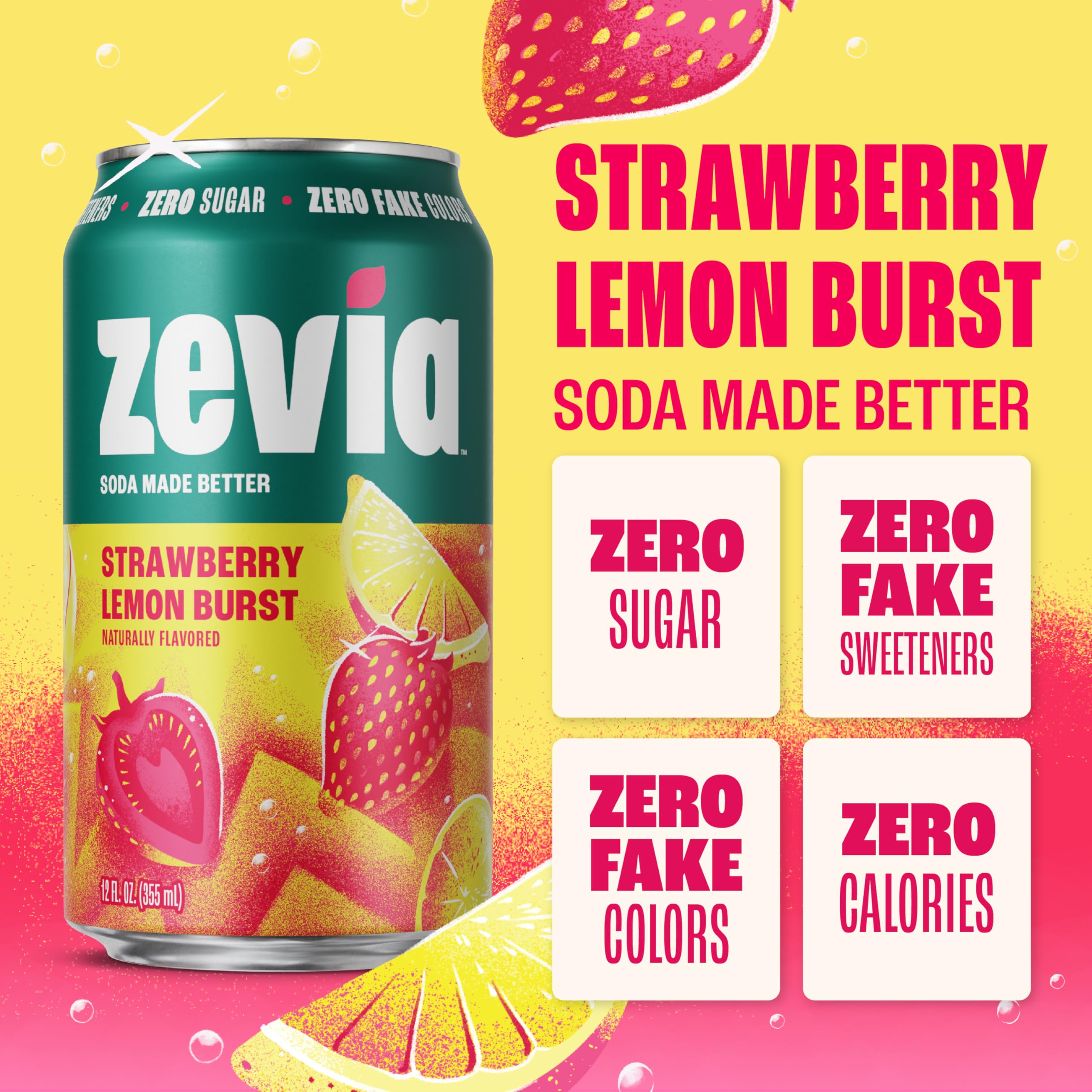 Zevia Strawberry Lemon Burst poured over ice, vibrant aroma and zero calories.