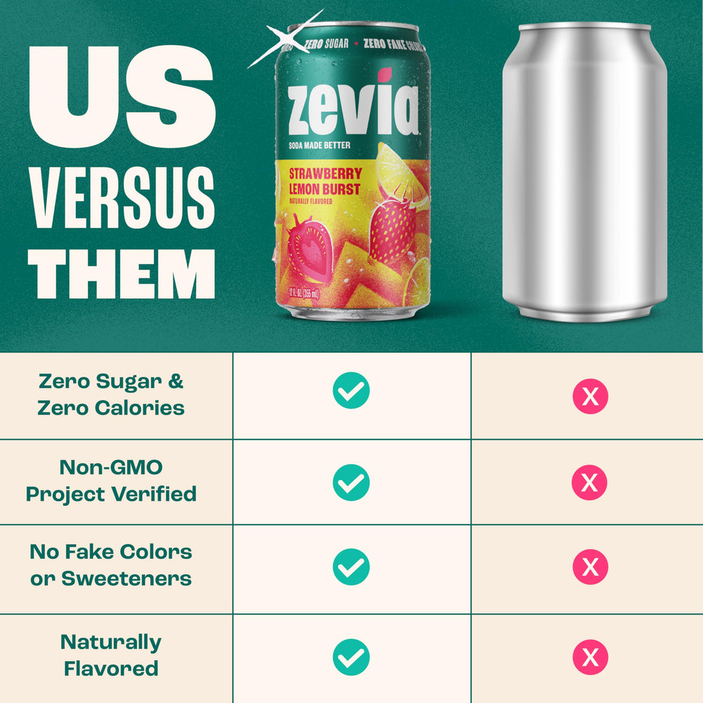 Close-up of Zevia Strawberry Lemon Burst label, Non-GMO Project Verified.