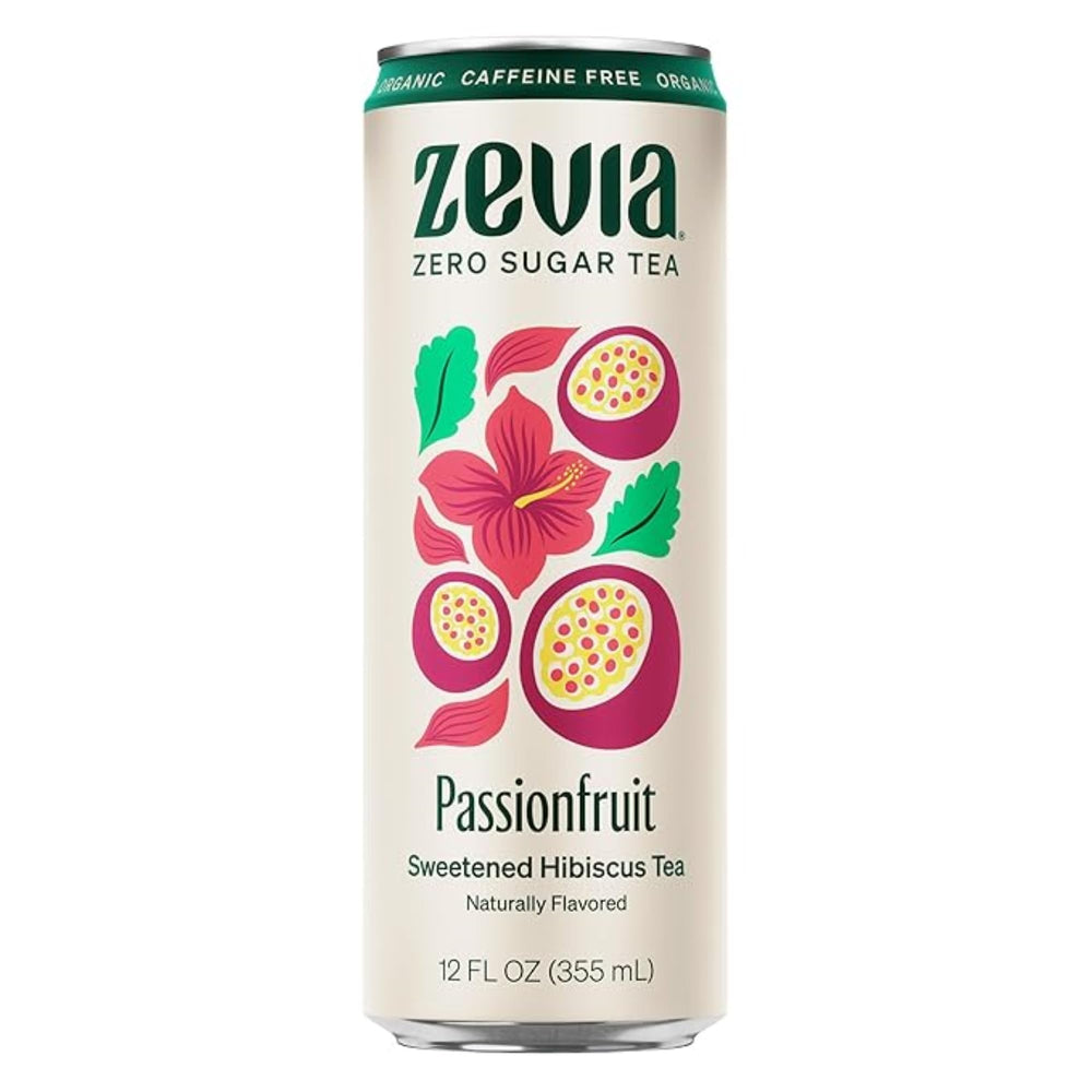 Zevia Hibiscus Passionfruit tea can close-up highlighting zero sugar and caffeine-free refreshment.