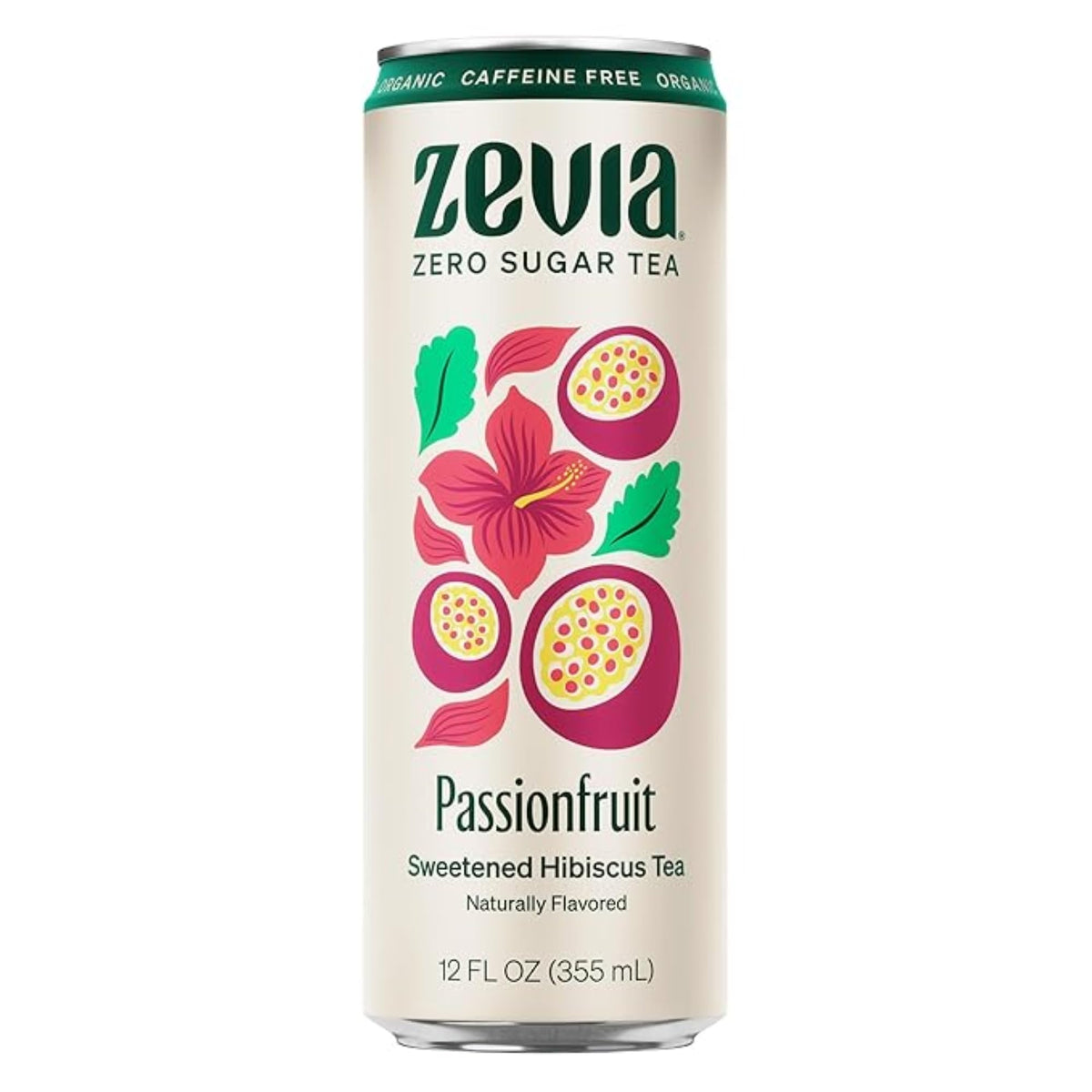 Zevia Hibiscus Passionfruit tea can close-up highlighting zero sugar and caffeine-free refreshment.