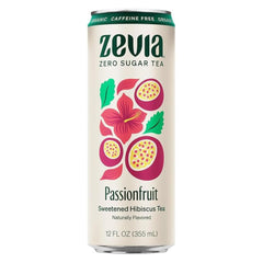 Zevia Hibiscus Passionfruit tea can close-up highlighting zero sugar and caffeine-free refreshment.
