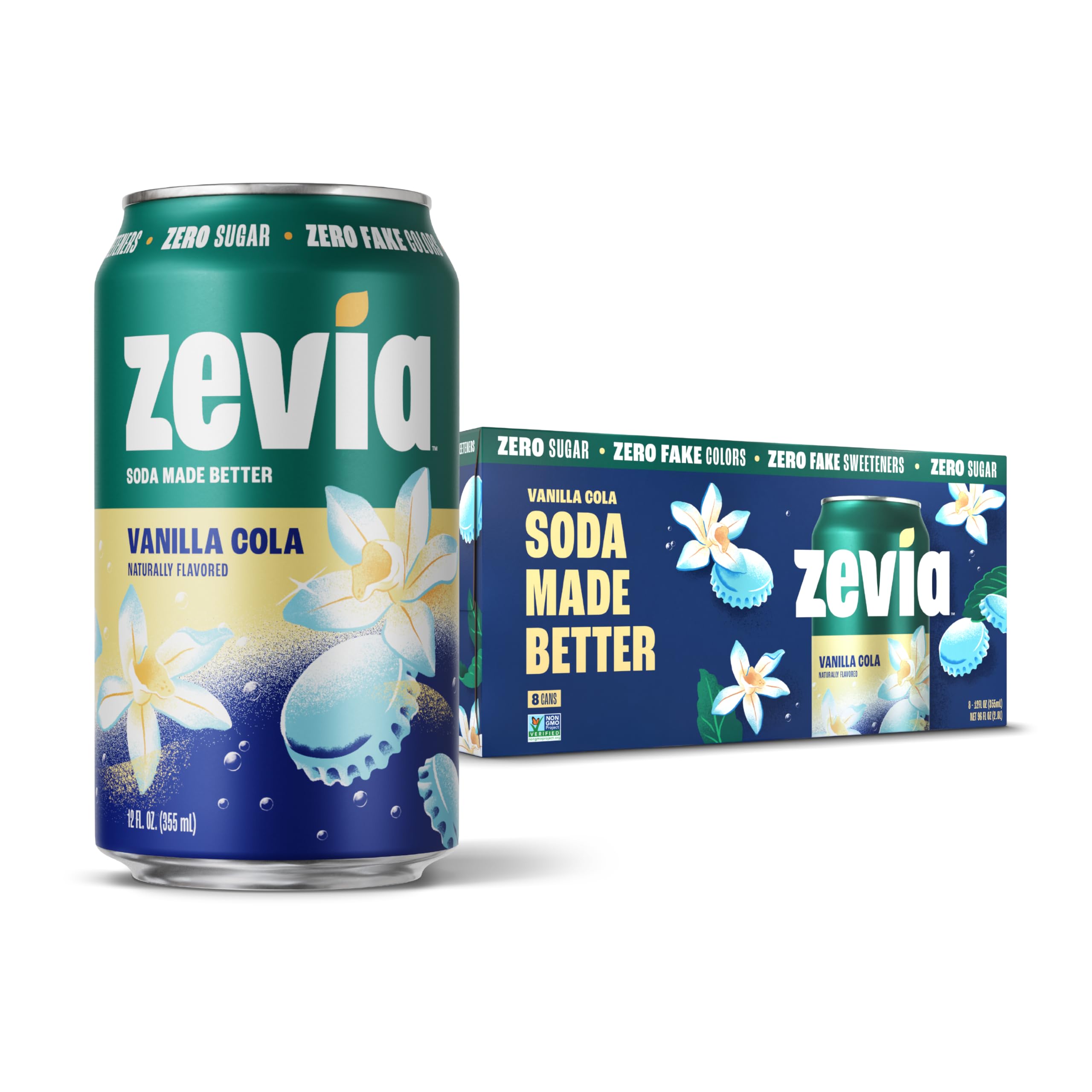 Zevia Vanilla Cola can with zero sugar and zero calories highlighted.