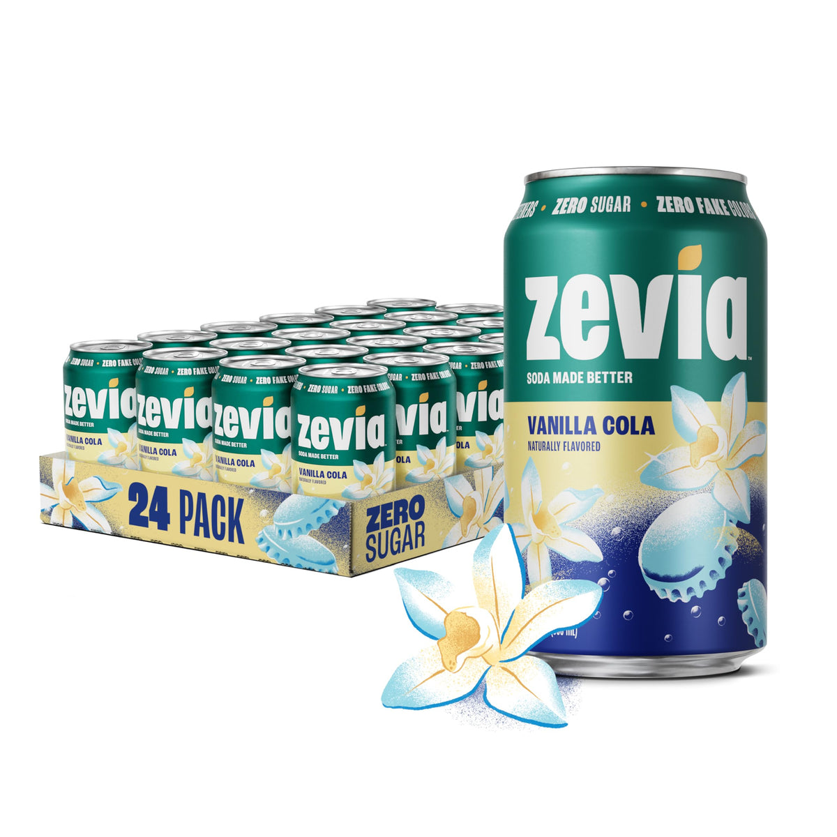 Zevia Vanilla Cola can front view, highlighting zero-sugar option