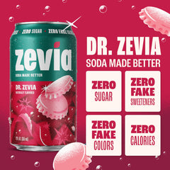 Zevia zero-sugar soda can highlights crisp, flavorful, calorie-free refreshment.