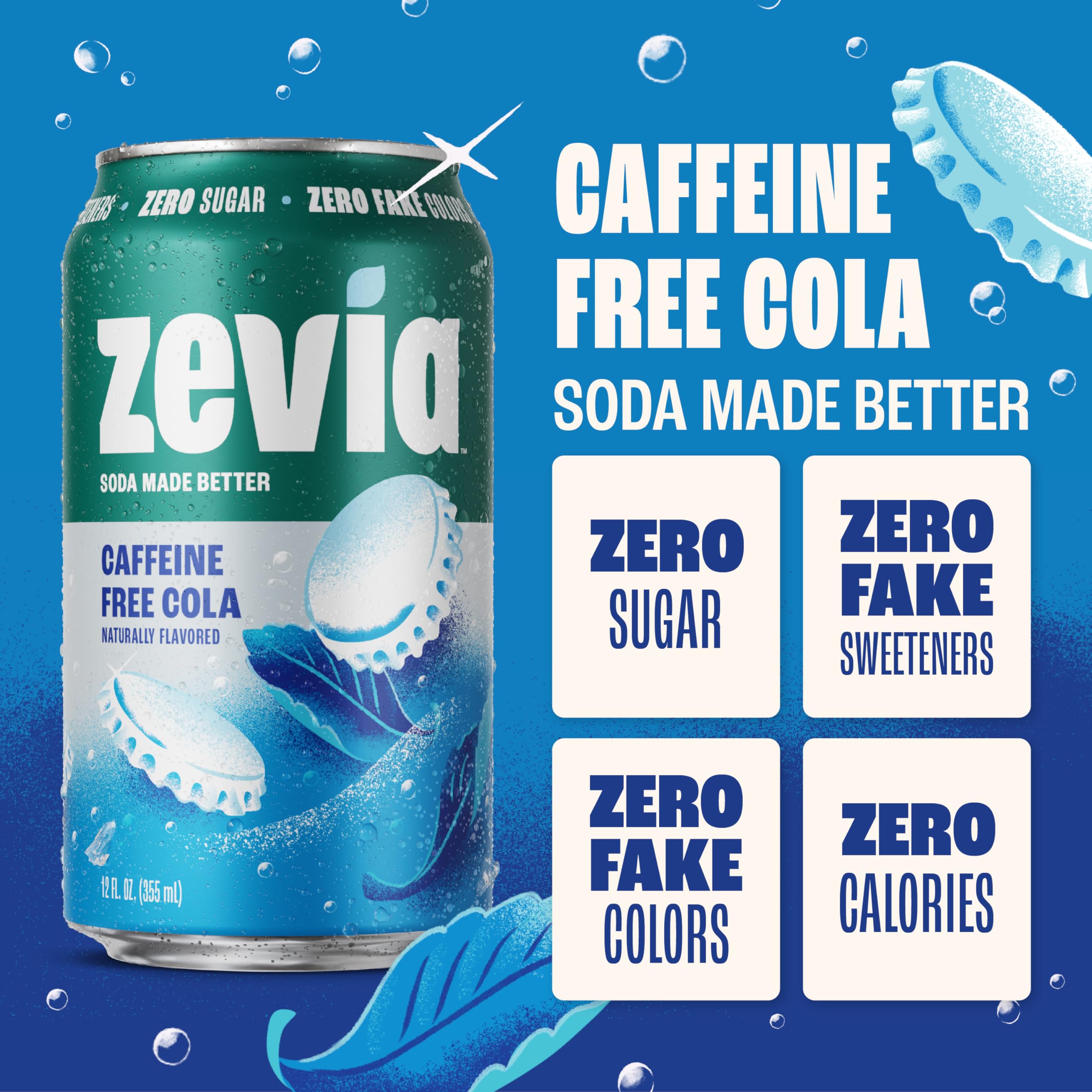 Zevia Zero Sugar Cola bubbles closeup, natural sweetening with stevia