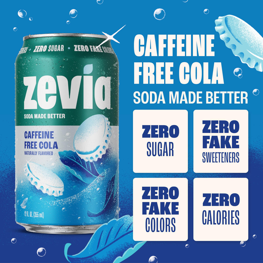 Zevia Zero Sugar Cola bubbles closeup, natural sweetening with stevia