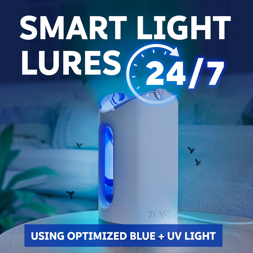 ZEVO Max blue UV light attracts gnats and fruit flies efficiently.