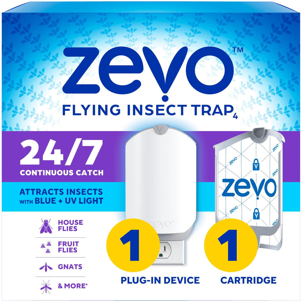ZEVO plug-in device with blue light attracts gnats and flies for continuous indoor control.