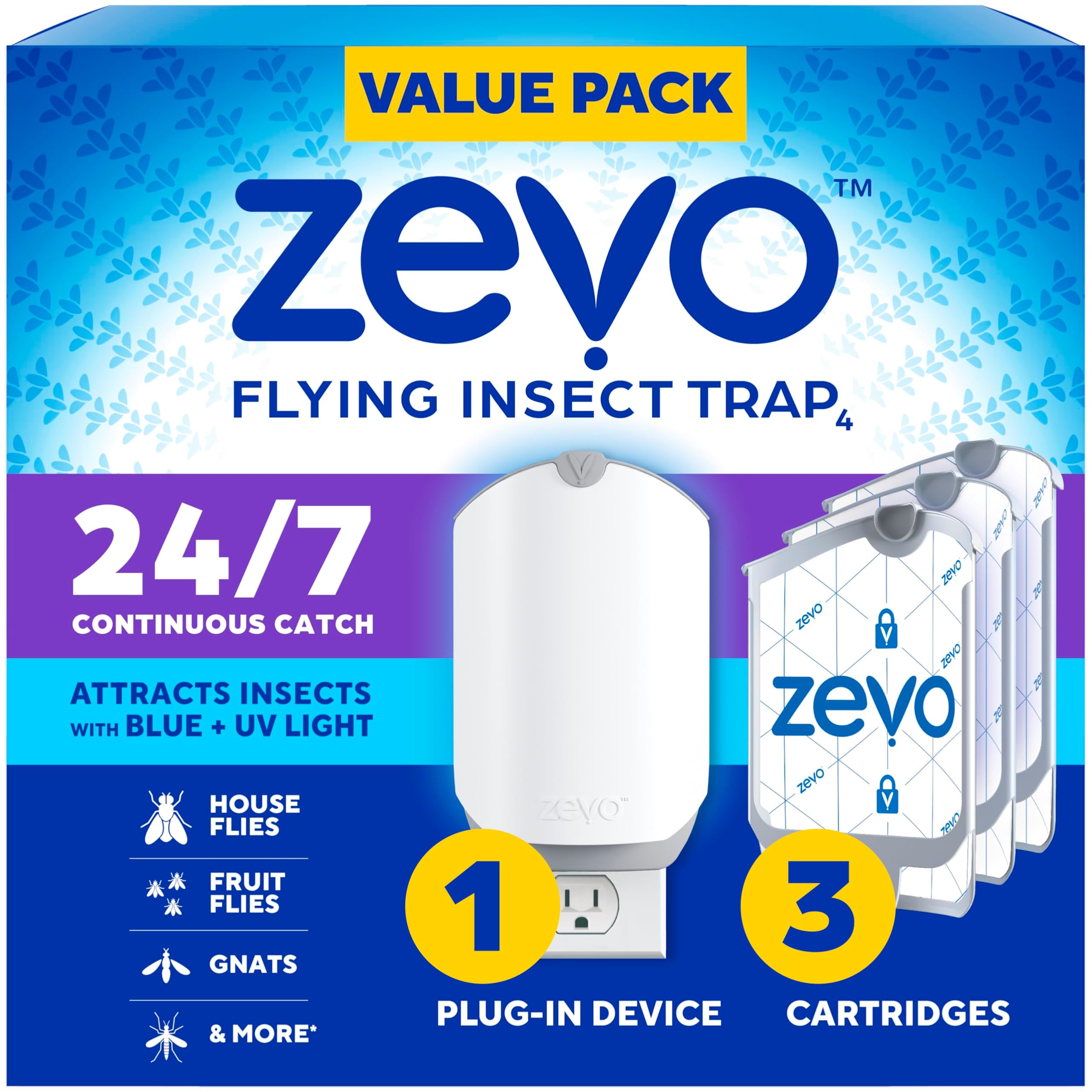 ZEVO plug-in device with a soft blue glow attracting flying insects for indoor use.