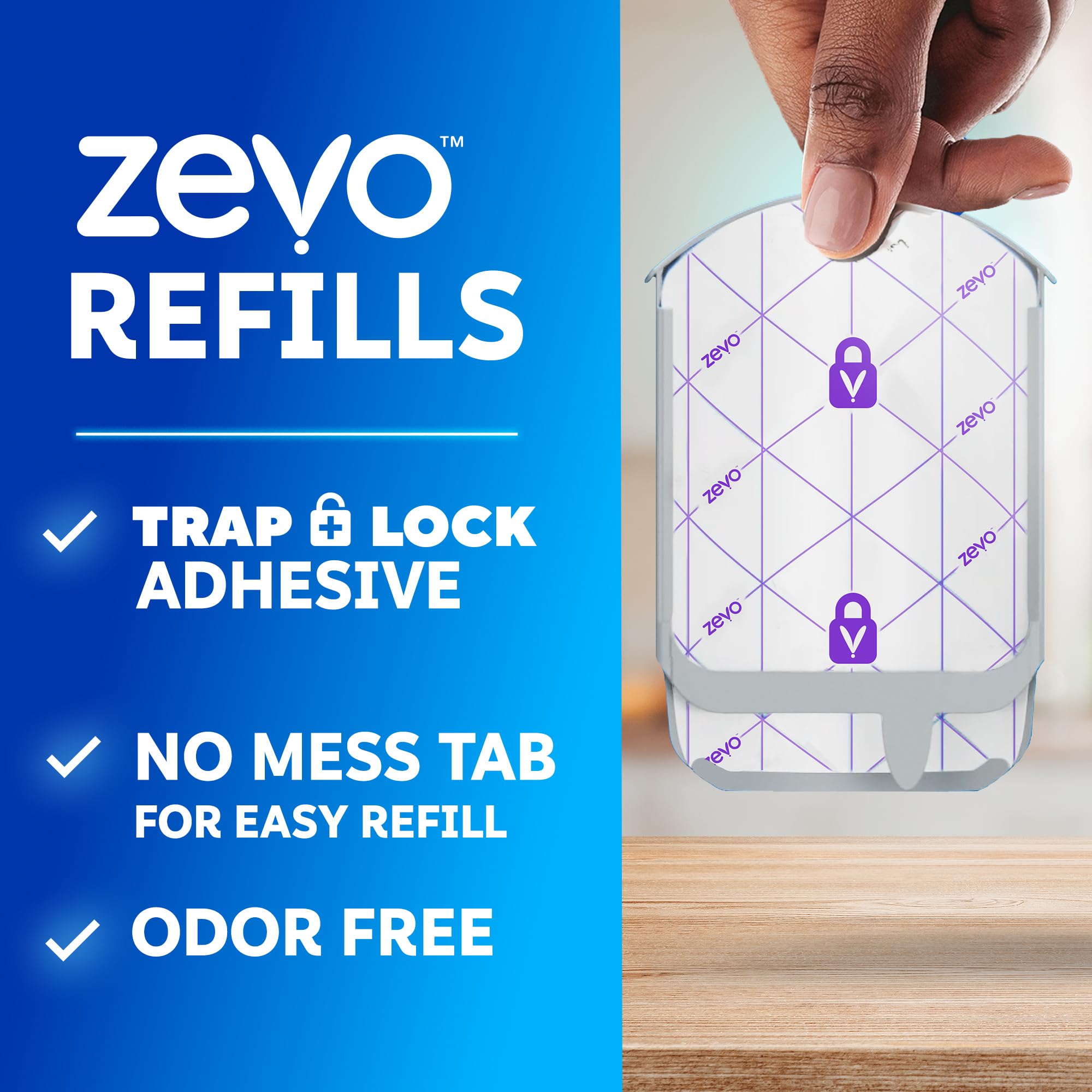 ZEVO refill adhesive-back detail showing mess-free disposal after capture.