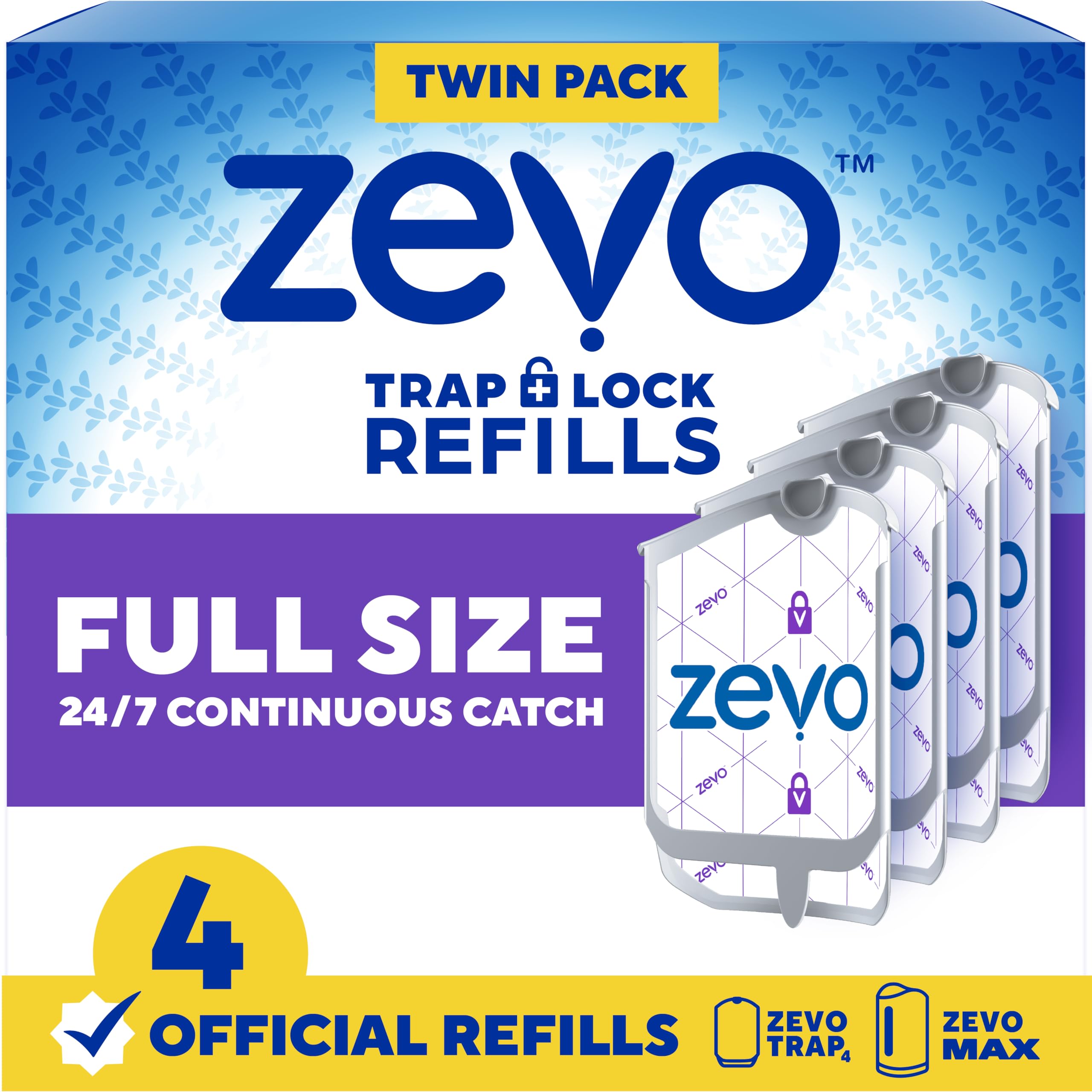 Zevo official refill trap front view shows compatibility with Zevo Trap and MAX devices.