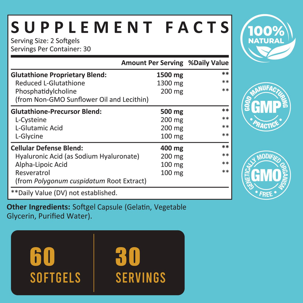 Zeylamum Glutathione softgels bottle side showing easy to swallow format