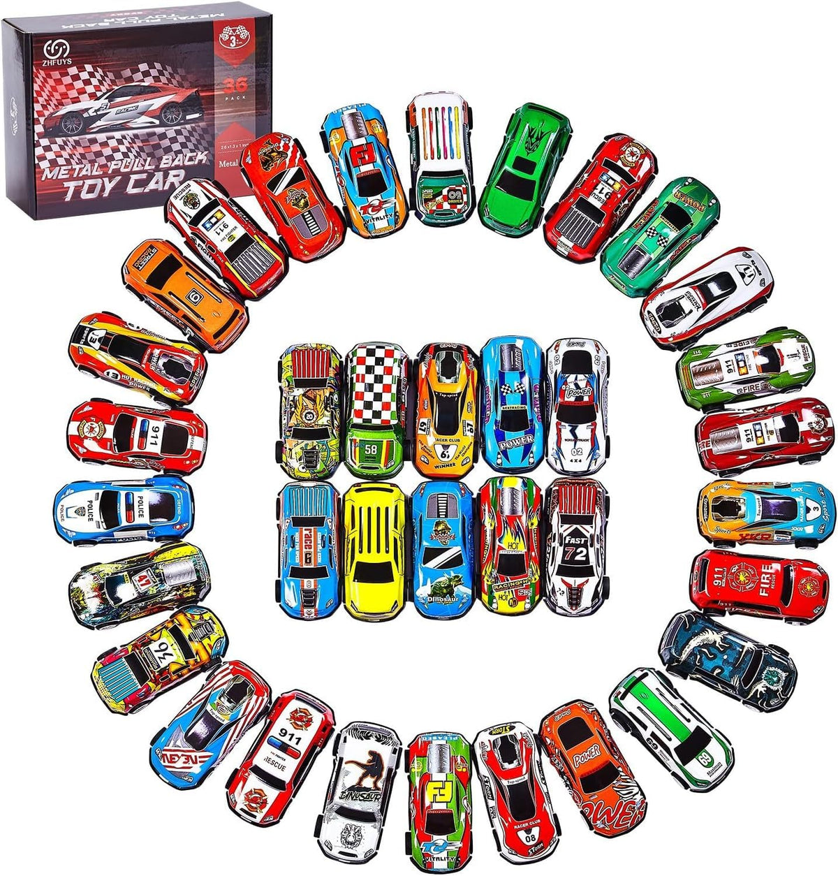 ZHFUYS 36-piece metal pull-back cars set main view sparks imaginative play