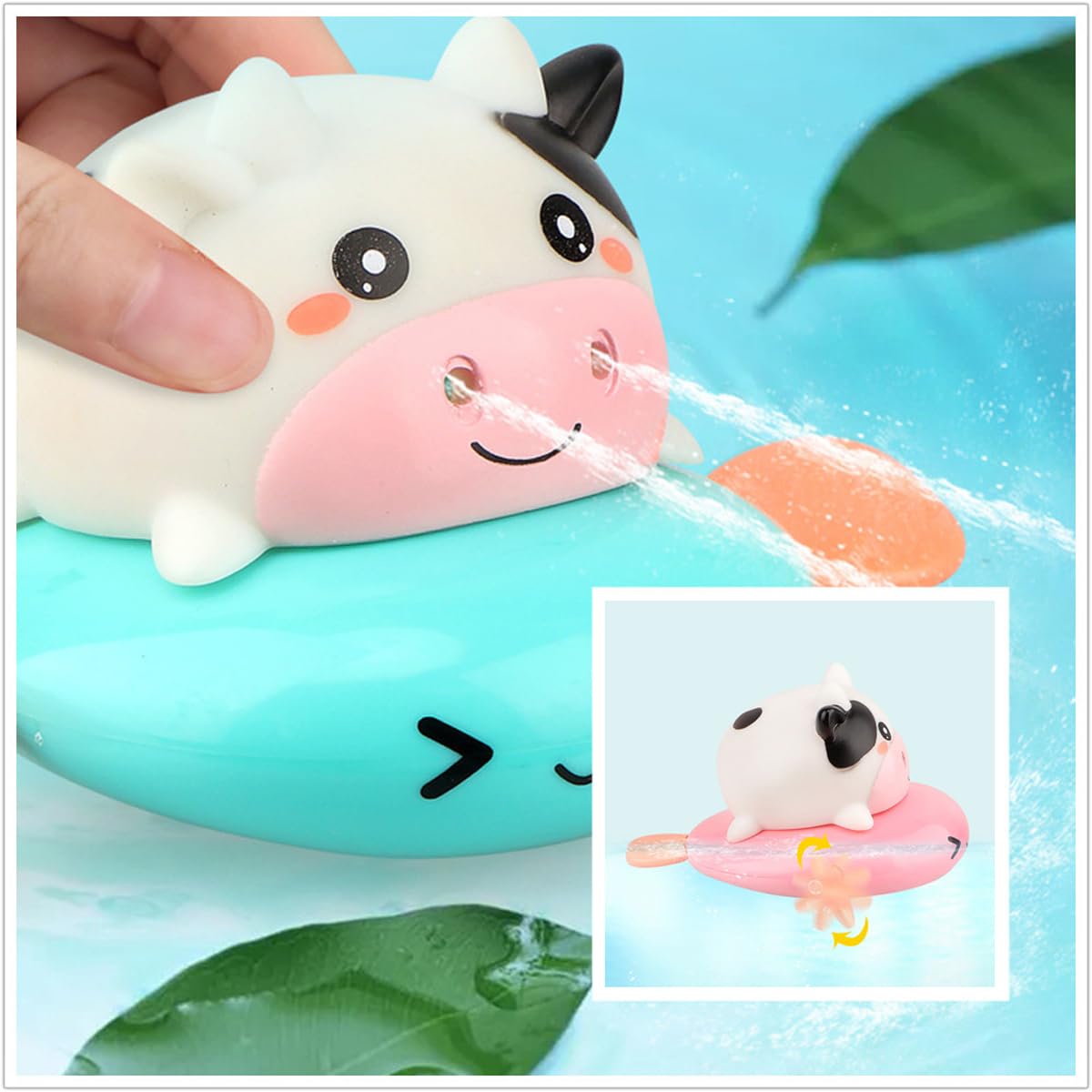 ZHFUYS bath toy cow rolling along the tub surface for imaginative play.