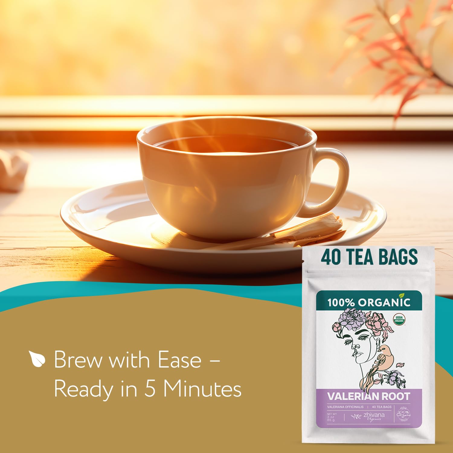 Zhivana Organics cup of tea in evening setting suggests relaxation.