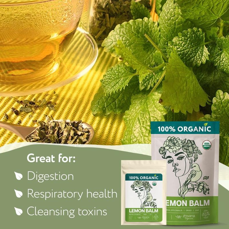 Zhivana Organics dried lemon balm leaves closeup shows natural texture.