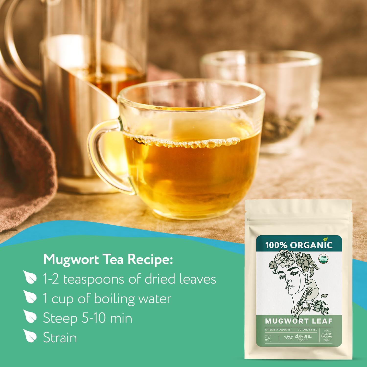 Zhivana Organics Mugwort Tea label details highlighting organic certification for trust.