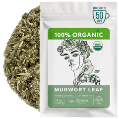 Zhivana Organics Mugwort Tea leaves close-up for a calming, digestive-friendly moment.