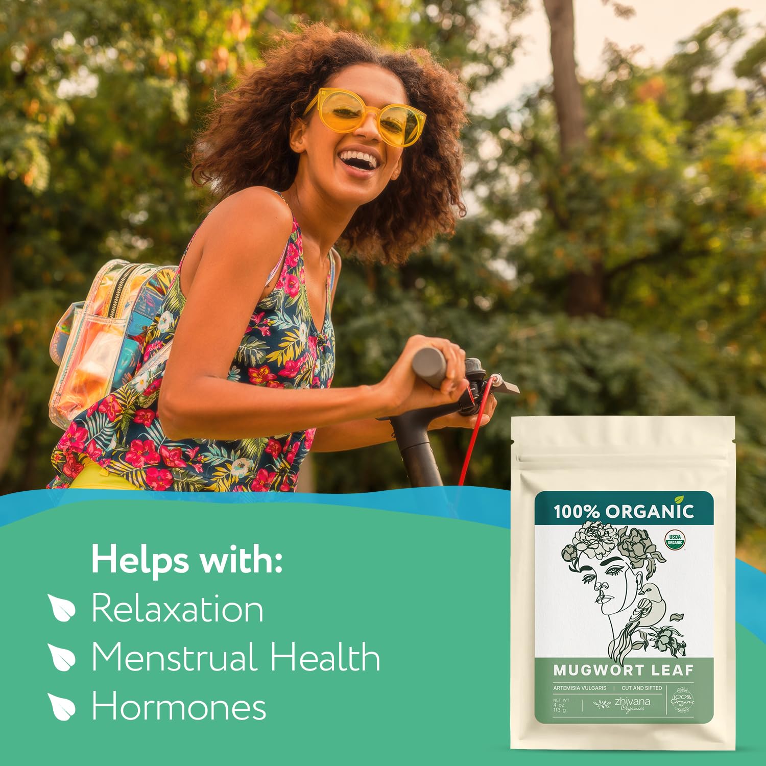 Zhivana Organics Mugwort Tea packaging label with eco-friendly credentials for mindful sipping.