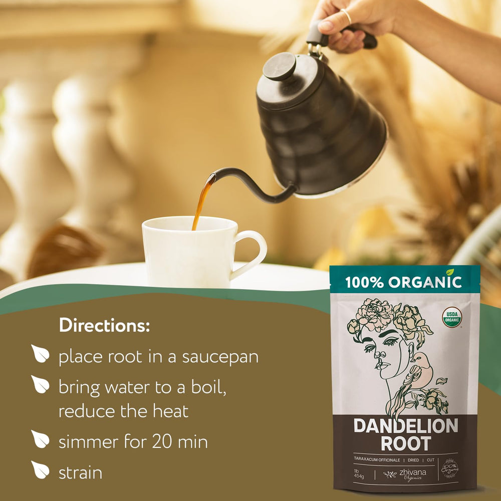 Zhivana Organics cup of dandelion tea steeping for digestive comfort