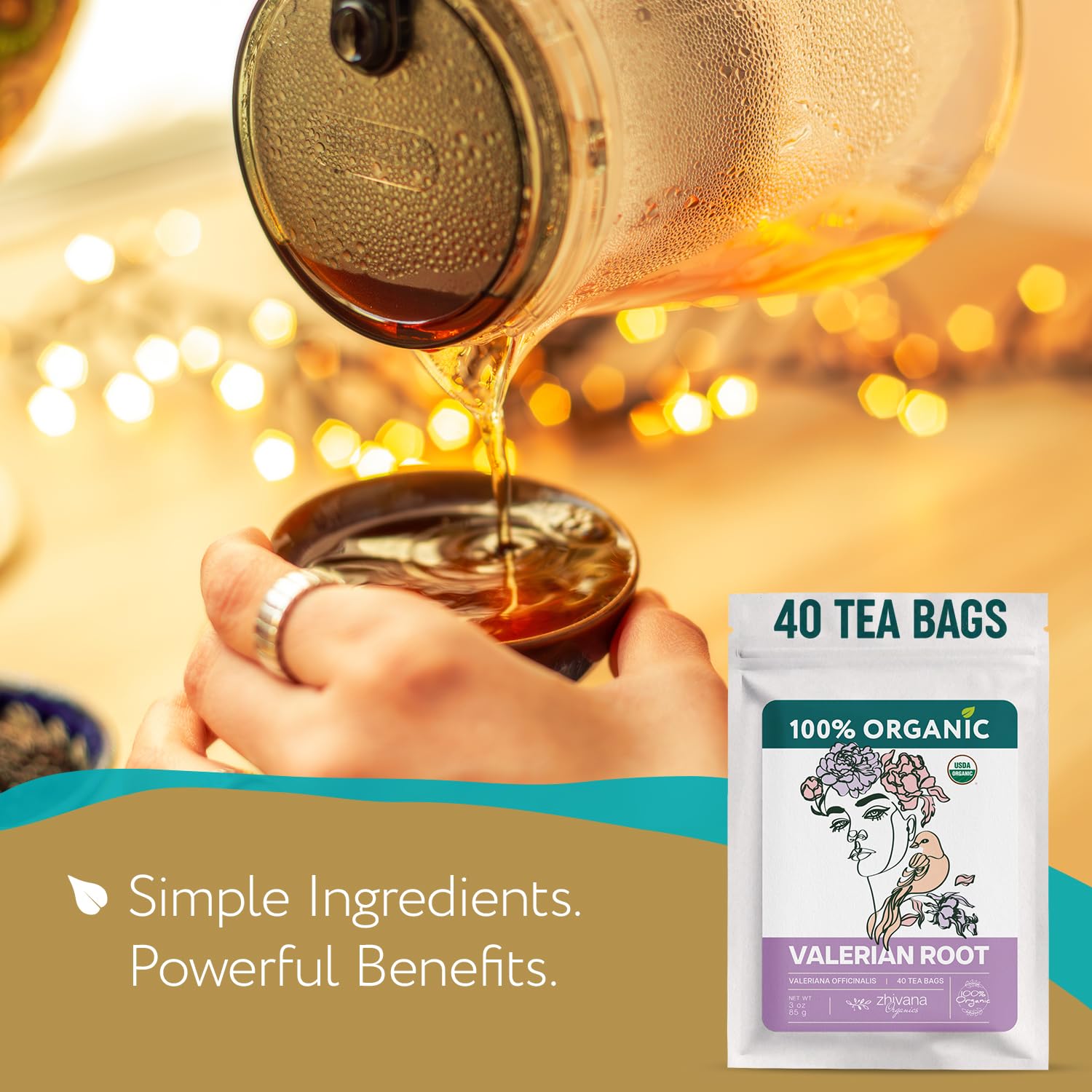 Zhivana Organics tea kettle brew scene captures inviting aroma.