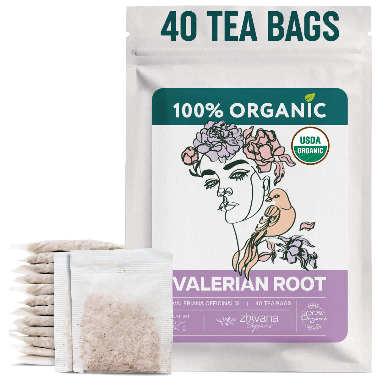Zhivana Organics valerian tea bags steeping for a calming evening ritual.