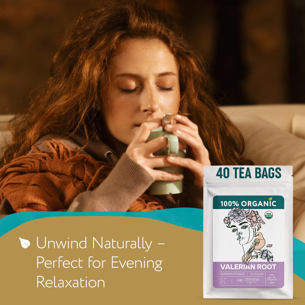 Zhivana Organics valerian tea cup with steam evokes restful sleep potential.