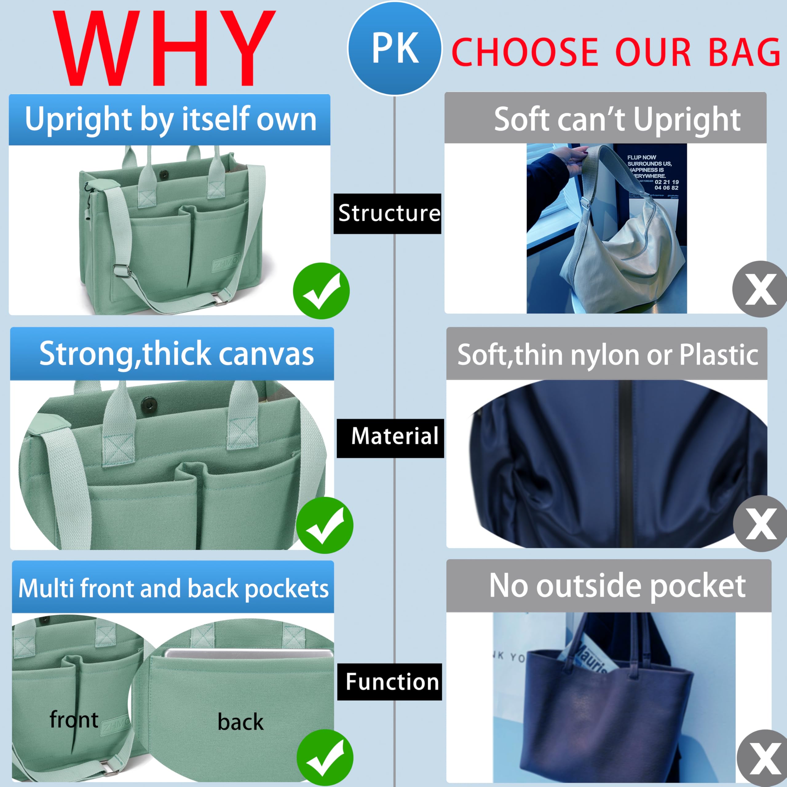 ZHMO tote front pockets hold keys and phone within easy reach.
