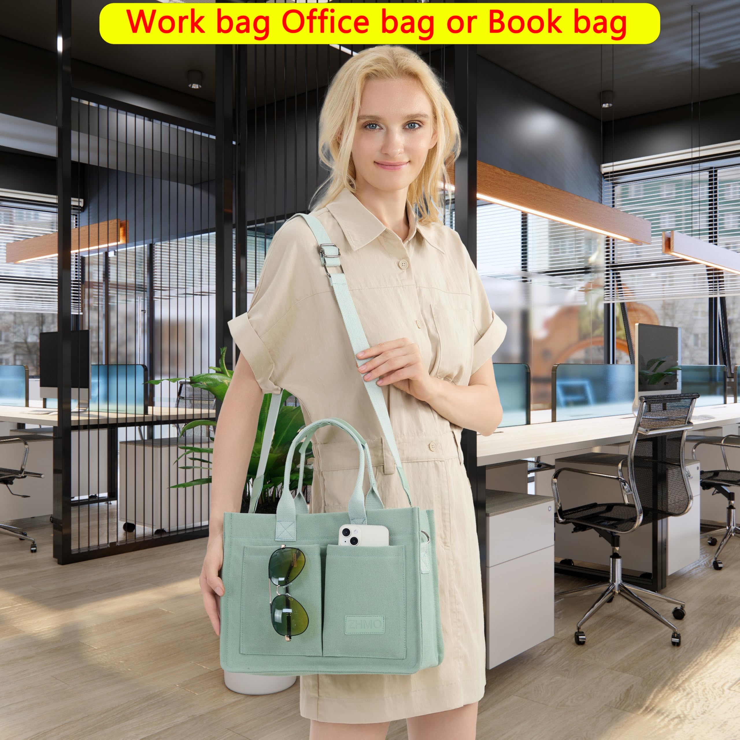 ZHMO tote features magnetic closure for quick access and security.