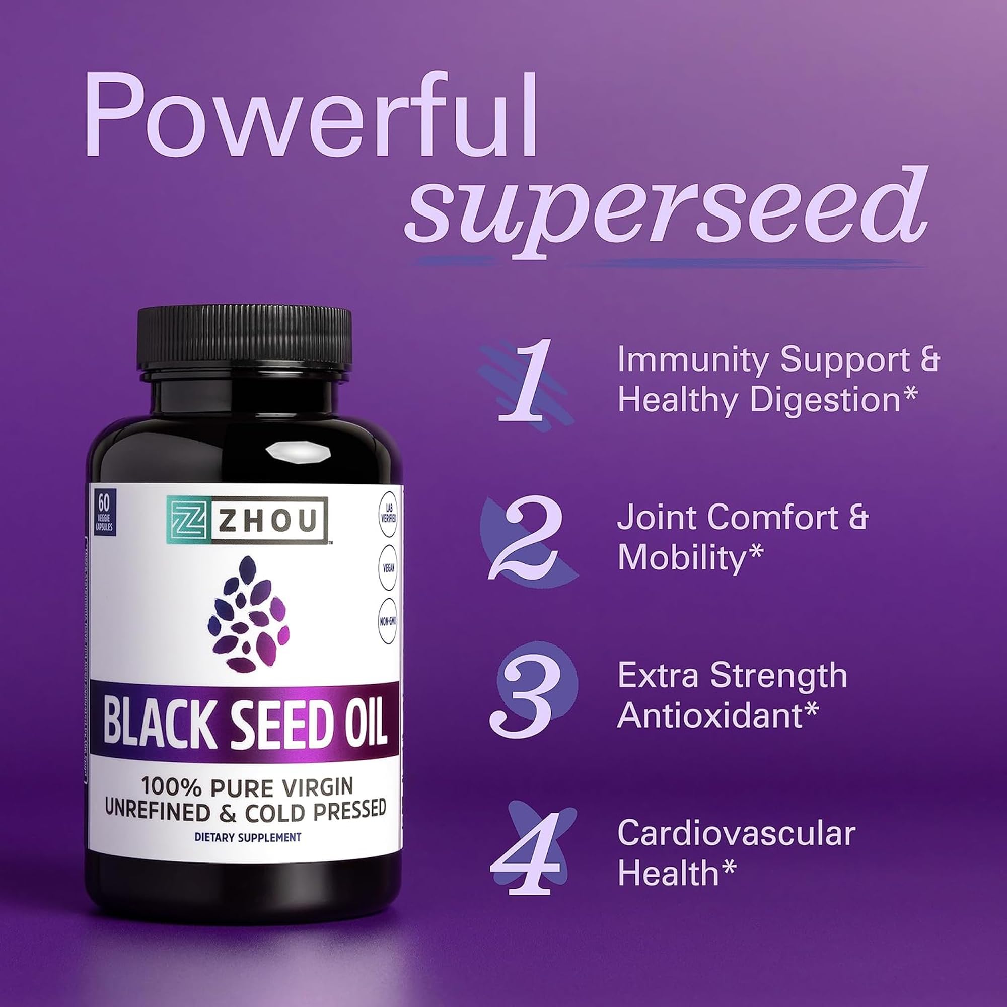 ZHOU Black Seed Oil Capsules label detail emphasizing purity and unrefined extraction.